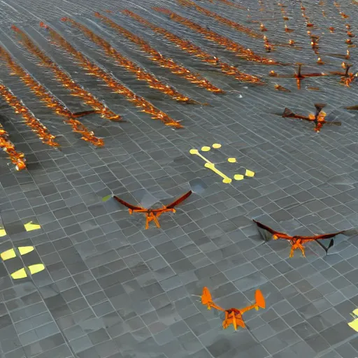 Image similar to A swarm of drones landing at a airport. Futuristic, bright colors, during the day, no clouds, Hyper realistic, bright colors, 8k.