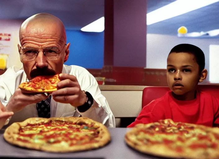 Image similar to portrait of walter white eating pizza sitting with president obama at chuck - e - cheese, dramatic lighting, moody film still from breaking bad ( 2 0 1 2 ), 3 5 mm kodak color stock, 2 4 mm lens, directed by rian johnson, ecktochrome