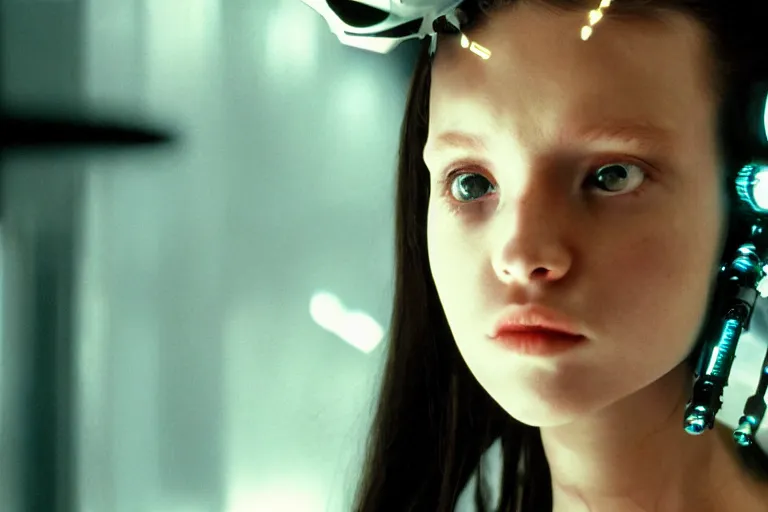 Image similar to cinematography closeup portrait of a cyborg girl in a cyberpunk apartment by Ridley Scott