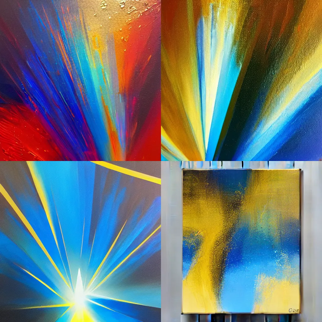 Prompt: An abstract acrylic painting of golden light beam shining through deep blue background, artstation, glossy finish, glazed over with resin