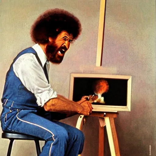 Prompt: bob ross screaming at his painting by norman rockwell