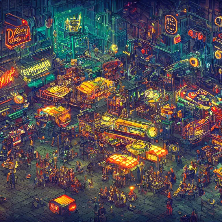 Prompt: fantastic lighting, pixel art, high detail, dieselpunk market, neon lights, 2 d