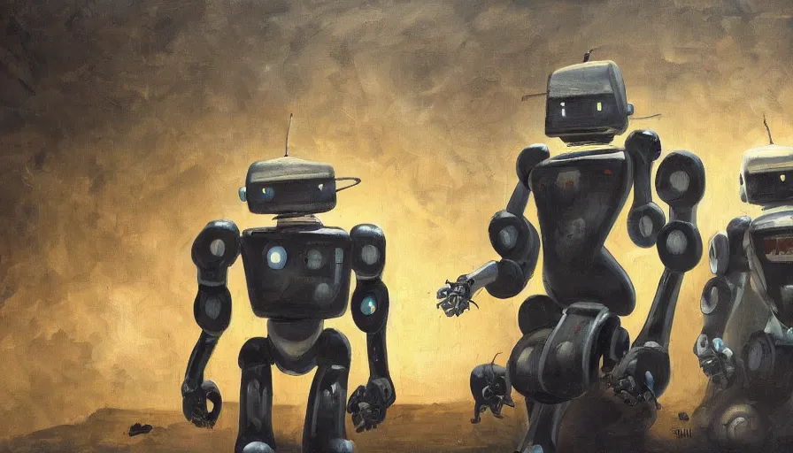Prompt: robots in an old art gallery, painting landscapes with robots on canvas, dramatic lighting, 4 k