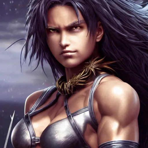 Image similar to warrior girl, muscular girl, wild spiky black saiyan hair, long spiky hair, electrified hair, scimitar, ultra realistic, intricate details, highly detailed, subsurface scattering, photorealistic, octane render, 8 k, art by artgerm, greg rutkowski, magali villeneuve, alphonse mucha