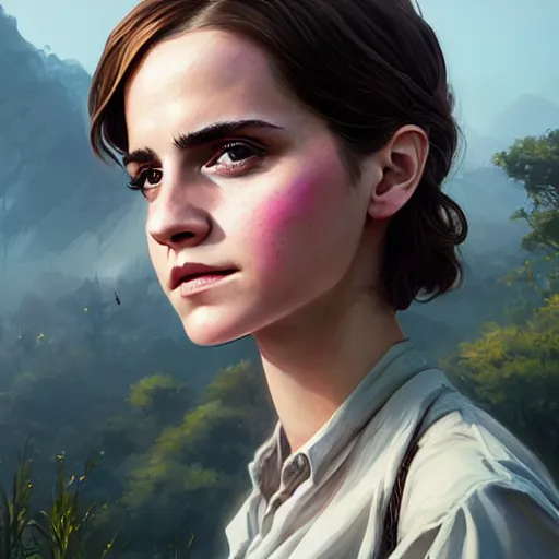 Image similar to highly detailed portrait, emma watson, in gta v, stephen bliss, unreal engine, fantasy art by greg rutkowski, loish, rhads, ferdinand knab, makoto shinkai and lois van baarle, ilya kuvshinov, rossdraws, tom bagshaw, global illumination, radiant light, detailed and intricate environment