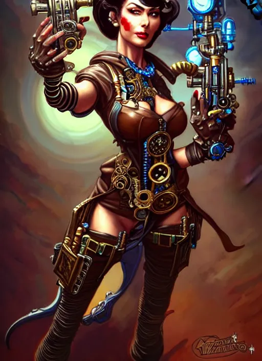 Image similar to front portrait of attractive Lady Mechanika standing while holding retro guns that wrap their arms, Intricate steampunk imagery , D&D!, fantasy style, sharp focus!, ultra detailed, art by Artgerm and Peter Andrew Jones, WLUP