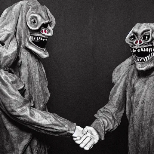 Image similar to two demons shaking hands and looking at the camera, dark, nightmare fuel, scary, horror,