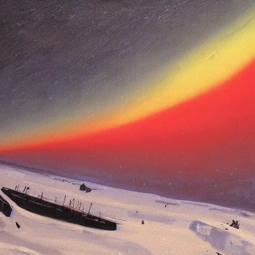 Image similar to the epic abstract painting'blue arctic void with black and red aurora borealis above a tiny inuit village ', by caspar david friedrich!!!, by rothko!!!, stunning masterpiece, trending on artstation