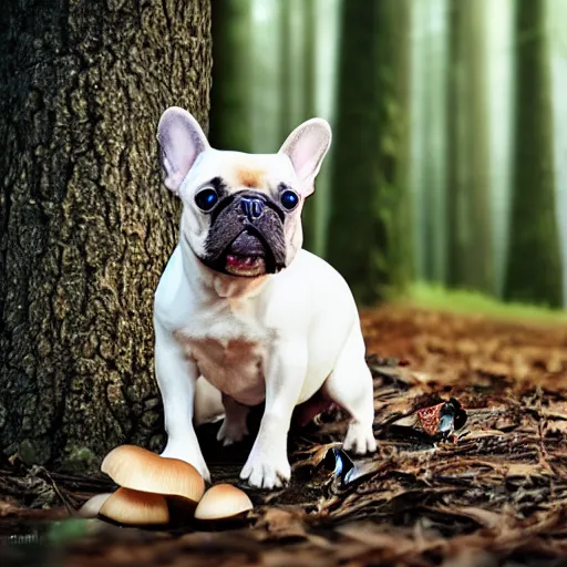 Prompt: french bulldog wearing round goggles sitting on a mushroom in a forest, hyper realistic, HD, HQ, photo realistic