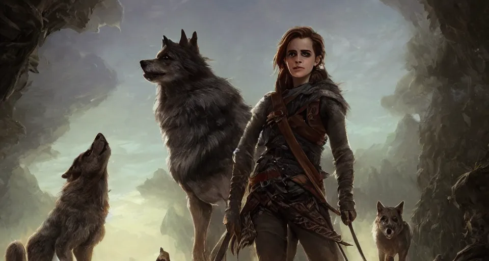 Prompt: wide shot of Emma Watson as a D&D Ranger with two wolves, trending on artstation, illustration, cgsociety, 8k, symmetric face, symmetric eyes, cinematic art by Greg Rutkowski and Thomas Kinkade and William O'Connor