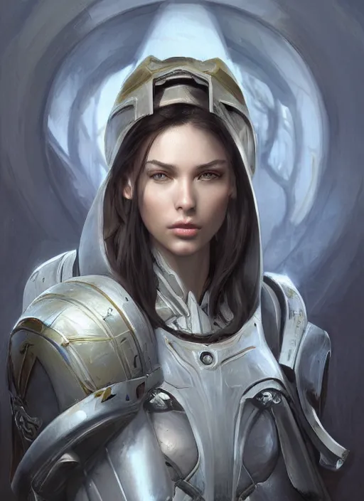 Image similar to a professional painting of a beautiful young female, clothed in military armor, olive skin, long dark hair, beautiful bone structure, symmetrical facial features, intricate, elegant, digital painting, concept art, smooth, sharp focus, illustration, from StarCraft by Ruan Jia and Mandy Jurgens and Artgerm and William-Adolphe Bouguerea