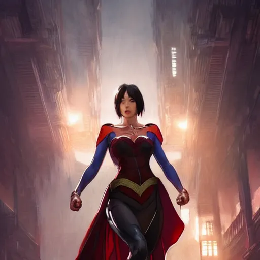 Prompt: Ada Wong as Super Girl, western, D&D, fantasy, intricate, elegant, highly detailed, digital painting, artstation, concept art, matte, sharp focus, illustration, art by Artgerm and Greg Rutkowski and Alphonse Mucha