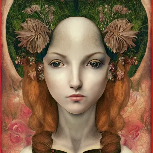 Image similar to a detailed portrait of young woman in renaissance dress and a surreal renaissance headdress, very surreal garden, strange creatures, by christian schloe and botticelli, naotto hattori, amy sol