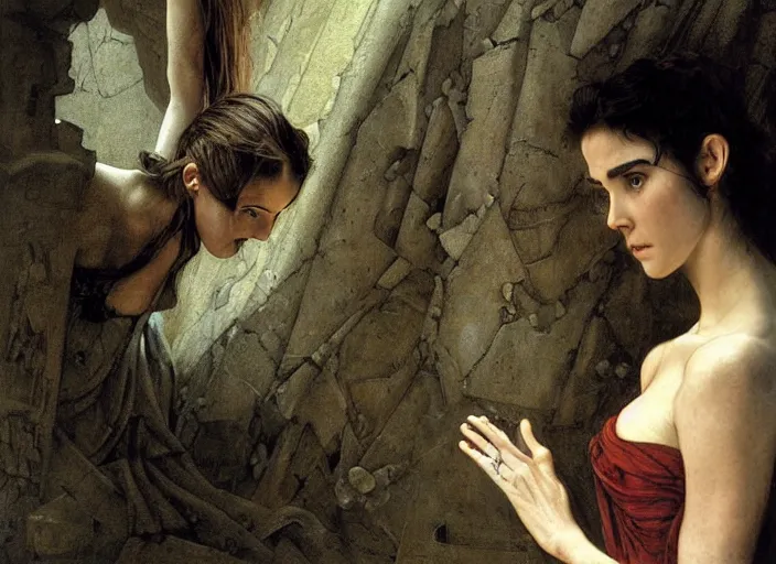 Prompt: jim henson's labyrinth. young jennifer connelly in a ballgown, is trapped in a dark shadowed oubliette made of stone. by edgar maxence and caravaggio and michael whelan and delacroix style, artistic, intricate painting, cinematic lighting, hyper realistic, extremely detailed, vivid colors, establishing shot, dramatic lighting