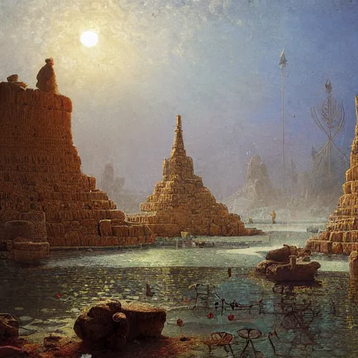 Image similar to detailed painting of a multiverse gateway in ancient mesopotamia in the middle of a sulphur lake, filigree ornaments, andreas achenbach, simon stalenhag