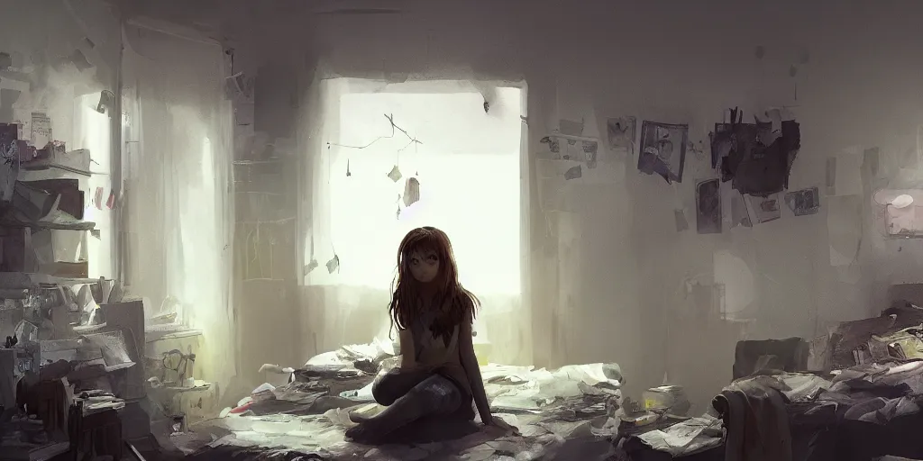 Image similar to an environmental concept art of an angsty female teen in her cluttered bedroom, highly detailed, cinematic, dramatic lighting, directional lighting, close shot by francis tneh