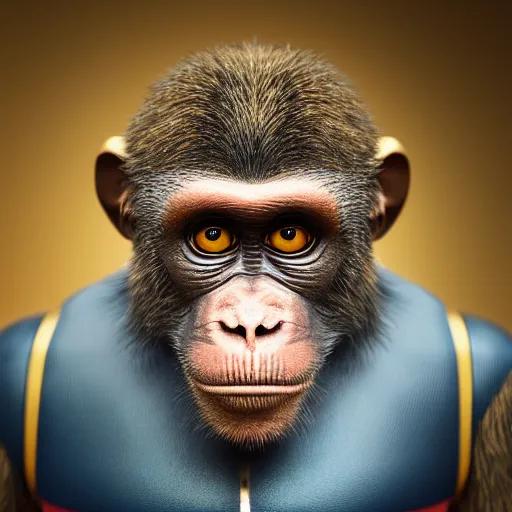 Image similar to Photography of ultra mega super hyper realistic detailed monkey by Hiromasa Ogura . Photo made from 30 meters distance on Leica Q2 Camera, Rendered in VRAY and DaVinci Resolve and MAXWELL and LUMION 3D, Volumetric cyan gold natural light. Wearing cyberpunk suit with many details by Hiromasa Ogura . Photo made from 30 meters distance on Leica Q2 Camera, Rendered in VRAY and DaVinci Resolve and MAXWELL and LUMION 3D, Volumetric cyan gold natural light