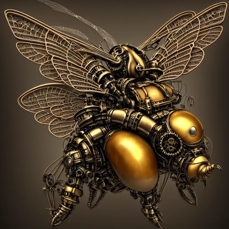 Prompt: steampunk cybernetic biomechanical bee with wings, 3 d model, unreal engine realistic render, 8 k, micro detail, intricate, elegant, highly detailed, centered, digital painting, artstation, smooth, sharp focus, illustration, artgerm, tomasz alen kopera, wlop