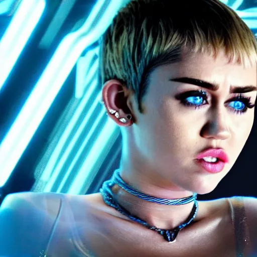 Prompt: A still of Miley Cyrus in the Tron: Legacy (2010) reboot, directed by Mark Ryden