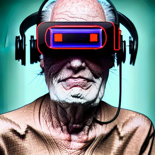 Image similar to Colour Photography of 1000 years old man with highly detailed 1000 years old face wearing higly detailed cyberpunk VR Headset. in style of Josan Gonzalez