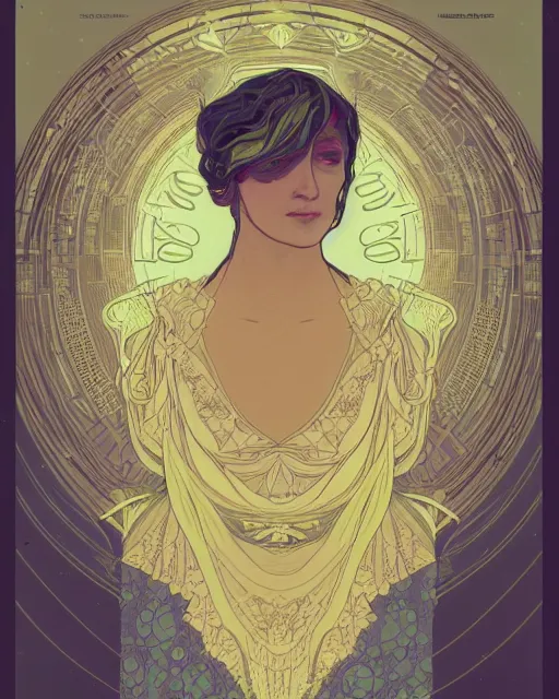 Prompt: a portrait of a galaxy as an androgynous druid spirit wearing a necklace of moons and stars, veil draped in transparent cloth, flat colors, occult, minimal, swirly, bust by alphonse mucha and warwick goble, decorative art deco border, astrophotography, vast cosmos, digital illustration, trending on artstation