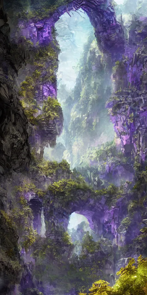 Image similar to Gorge in the mountain, white stone temple ruins, night dramatic lighting, blue, yellow and purple tones, wide camera angle, matte painting, trending on ArtStation, concept art, delightful surroundings, high detail, sharp contrast, picturesque