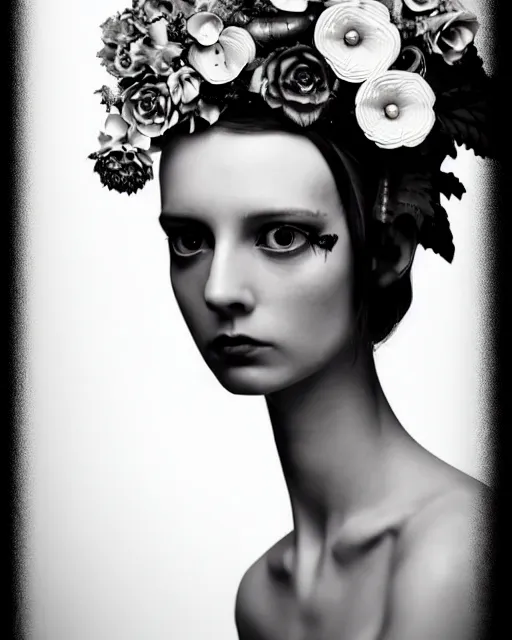 Prompt: a black and white high quality dreamy photo of a young beautiful female queen-pale dragon-vegetal-many big steampunk flowers-cyborg bust with a very long neck, elegant, highly detailed, poetic, soft, dreamy, mysterious, high fashion, in the style of Diane Arbus, Realistic, Refined, Digital Art, Highly Detailed, Cinematic Lighting, rim light, black and white, photo-realistic, 8K
