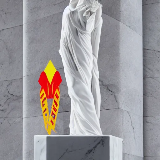 Image similar to white marble statue of a beautiful woman with colorful motocross logos in the style of virgil abloh, colored smoke clouds, very very beautiful, detailed, off white, heron preston, 8 k, 4 k, detailed, beautiful, symmetrical, vogue, editorial, fashion, magazine, museum lighting, museum, gallery