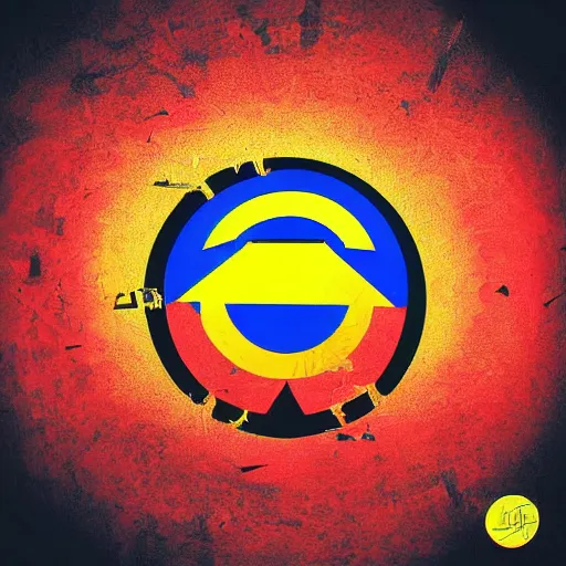 Prompt: a red, yellow and blue logo on a black background, digital art by kamal ud - din behzad, cg society, symbolism, apocalypse art, angular, 3 d