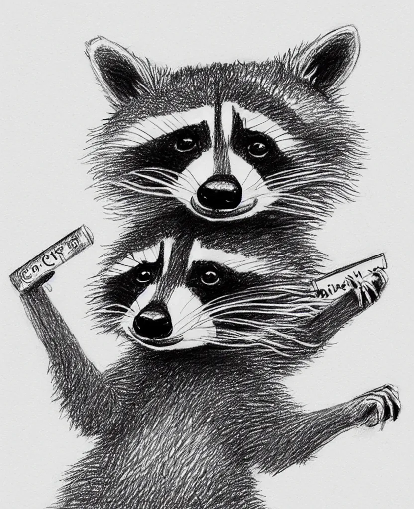 Prompt: detailed pencil sketch of a raccoon holding up and looking at a starfish, children's book