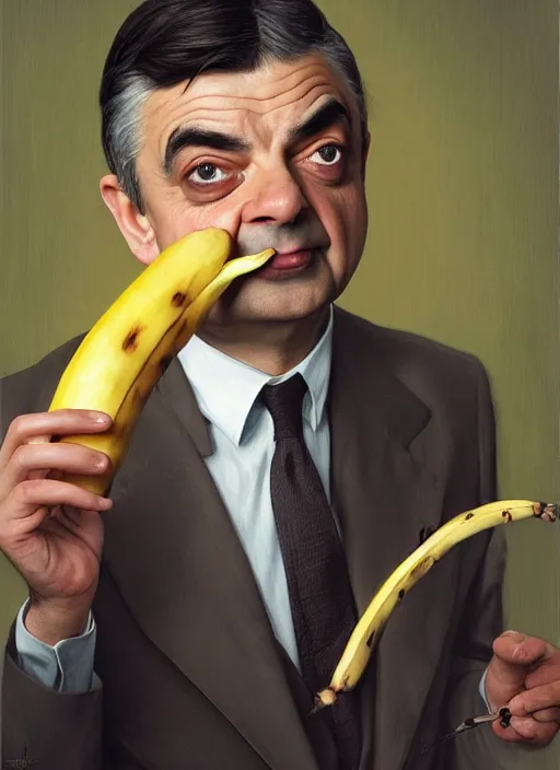 Image similar to Rowan Atkinson as cross eyed Mister Bean holding a banana, intricate, elegant, highly detailed, centered, digital painting, artstation, concept art, smooth, sharp focus, illustration, art by artgerm and donato giancola and alphonse mucha