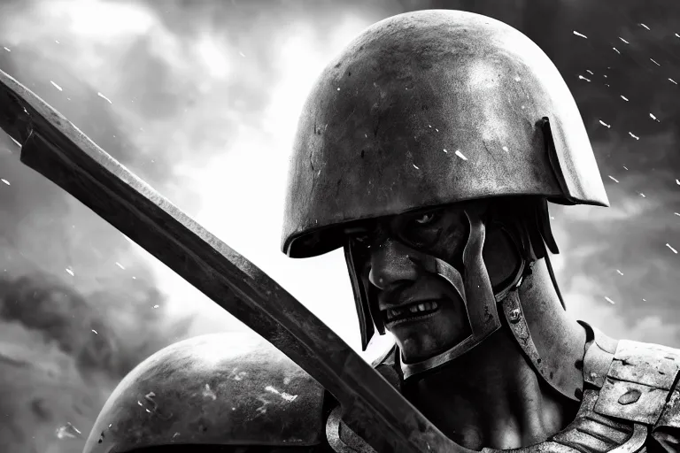 Image similar to still photo of a iron age war man looking at the camera in a battlefield, black and white color aesthetic, highly detailed, photorealistic portrait, bright studio setting, studio lighting, crisp quality and light reflections, unreal engine 5 quality render