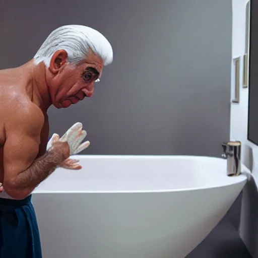 Image similar to phil leotardo in a bathroom washing his hands, realistic, photorealistic, 8 k