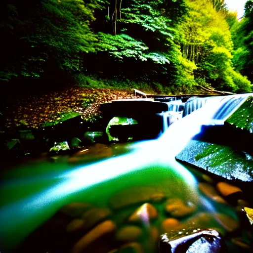 Prompt: A river flowing with waterfall, taken with a Red cinema camera, 30 second shutter speed