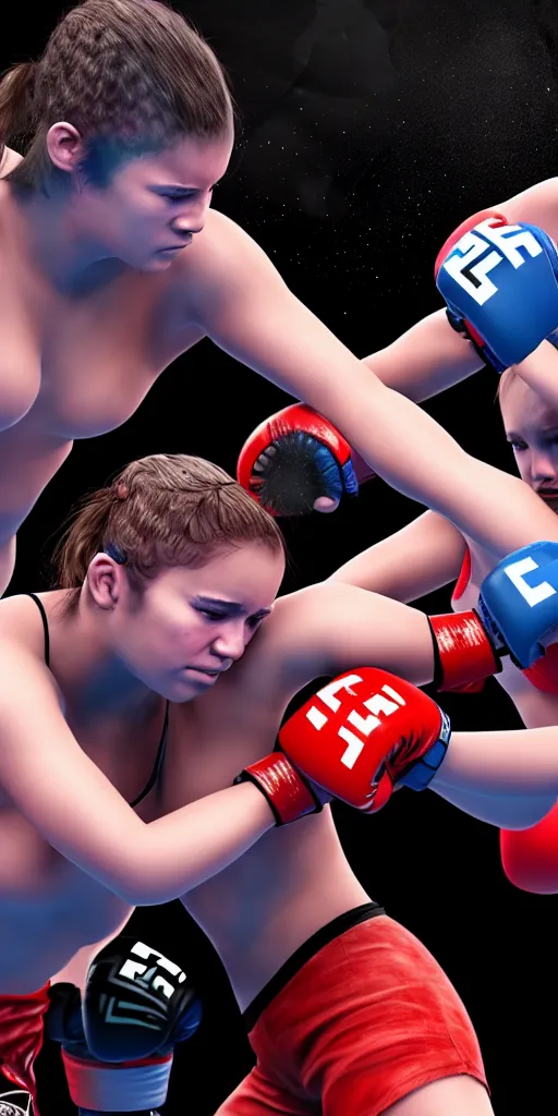 Image similar to two girls fighting mma, hyperrealistic painting, detailed, 4 k resolution, unreal engine