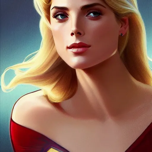 Image similar to Ashley Greene's face combined with Grace Kelly's face with blonde hair as Super Girl, western, D&D, fantasy, intricate, elegant, highly detailed, digital painting, artstation, concept art, matte, sharp focus, illustration, art by Artgerm and Greg Rutkowski and Alphonse Mucha