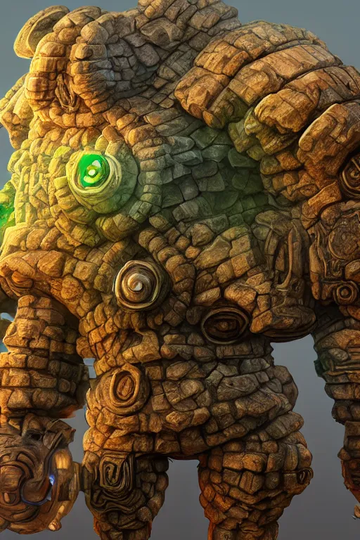 Image similar to zelda fantasy art giant golem troll wood rock greeble gemstone, global illumination ray tracing hdr fanart arstation by sung choi and eric pfeiffer and gabriel garza and casper konefal