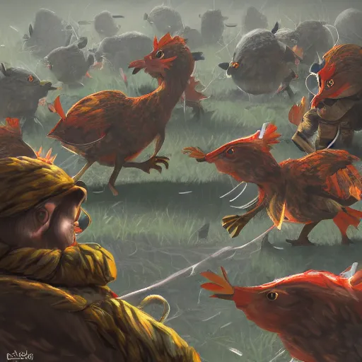 Image similar to army of tiny chickens vs 1 giant ninja rat, digital painting, artstation, hd, 4 k