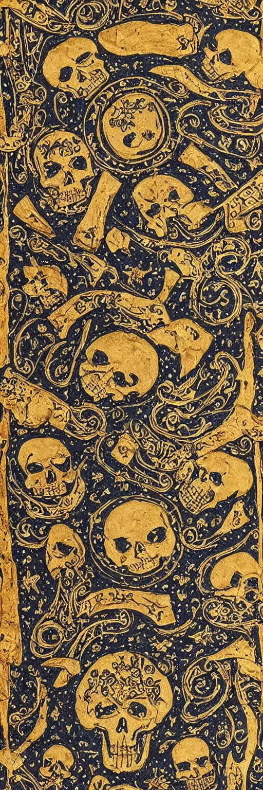 Prompt: magical medieval scroll containing many complex gold inlay symbols and luminous sigils and one a single punisher skull emblem. detailed, high art, intricate, artisan