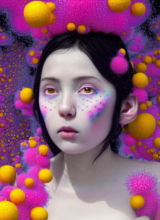 Image similar to hyper detailed 3d render like a Oil painting - kawaii portrait Aurora (black haired Fae) seen Eating of the Strangling network of yellowcake aerochrome and milky Fruit and Her delicate Hands hold of gossamer polyp blossoms bring iridescent fungal flowers whose spores black the foolish stars by Jacek Yerka, Mariusz Lewandowski, Houdini algorithmic generative render, Abstract brush strokes, Masterpiece, Edward Hopper and James Gilleard, Zdzislaw Beksinski, Mark Ryden, Wolfgang Lettl, hints of Yayoi Kasuma, octane render, 8k