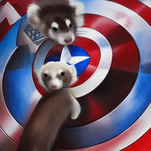 Image similar to A ferret is cuddling Captain America's shield, hyperdetailed, artstation, cgsociety, 8k