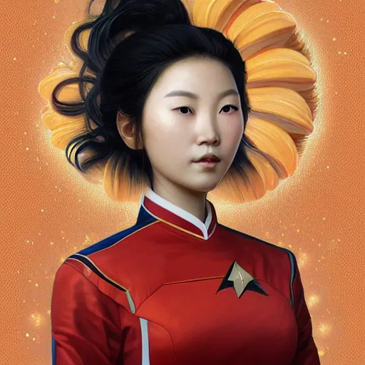 Prompt: portrait of a chinese woman in starfleet uniform, tiger, oranges, intricate, elegant, highly detailed, digital painting, artstation, concept art, smooth, sharp focus, illustration, art by artgerm and greg rutkowski and alphonse mucha and william - adolphe bouguereau