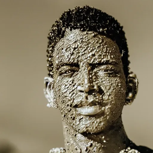 Image similar to photo of a prince made of chocolate melting in the desert sun, 2 0 0 mm lens, shot on grainy film, hyperrealism, bokeh