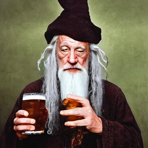 Image similar to photo portrait of gandalf drinking a beer, by annie leibovitz, sharp focus