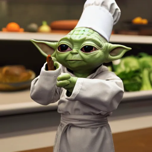 Image similar to curious innocent tiny baby yoda as chef wearing white chefs hat and white apron and giving thumbs up, vegetables, photography, hyperrealism, unreal engine, octane 3 d render, houdini, unity 3 d, highres, adobe premier pro, trending on artstation, trending on deviantart