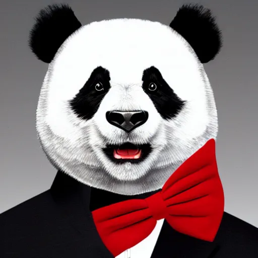 Image similar to a portrait of a panda wearing a black suit with a white shirt and red bow tie, black background