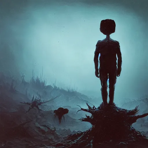 Image similar to A beautiful land art of a small figure standing in the center of a dark, foreboding landscape. The figure is surrounded by strange, monstrous creatures, and there is a feeling of unease and dread. pale indigo, indigo by Michal Lisowski