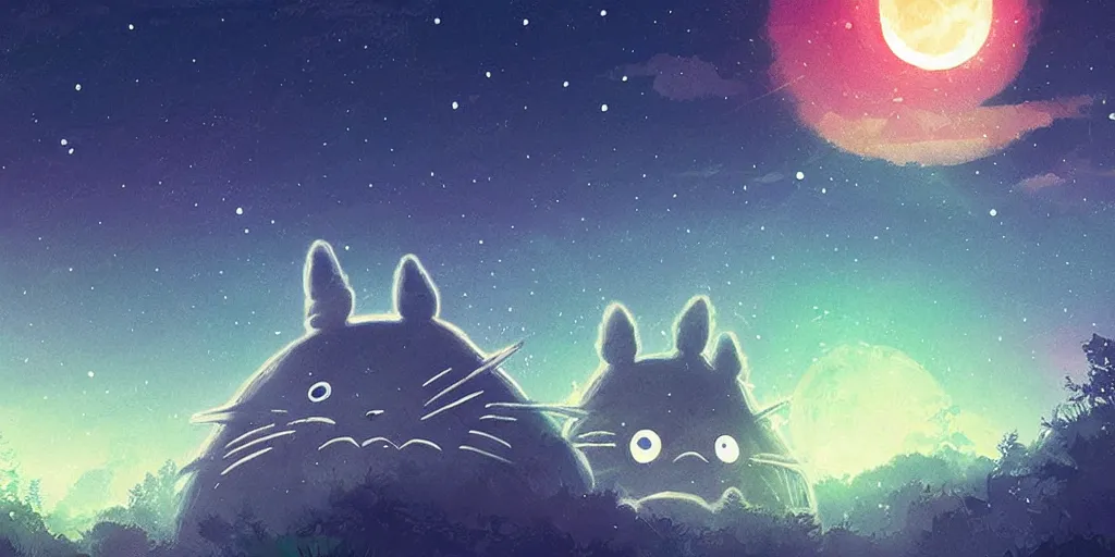 Image similar to glowing wireframe totoro, mountain landscape, night sky, digital art, digital painting, celestial, majestic, colorful