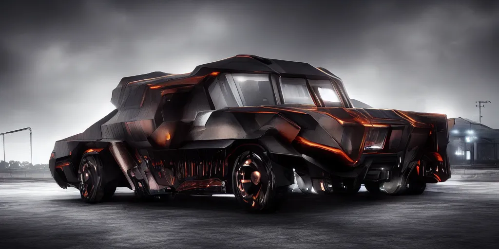 Image similar to a design of a futuristic cybertruck, designed by Polestar, blade runner background, stained antique copper car paint, black windows, sport car, dark show room, dramatic lighting, hyper realistic render, depth of field