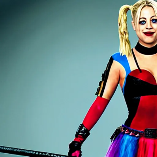 Image similar to A still of Kaley Cuoco as Harley Quinn